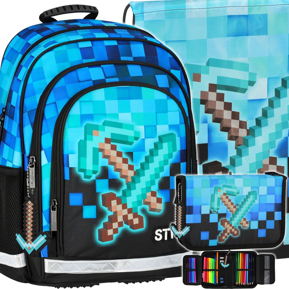 Školský set Starpak Pixel Blue s batohom, vreckom na topánky a vybaveným peračníkom